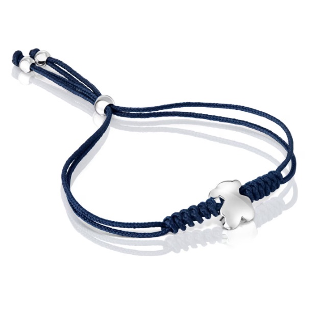 Tous Bold Sterling Silver Bear Motif Bracelet In Navy Blue Nylon Cord